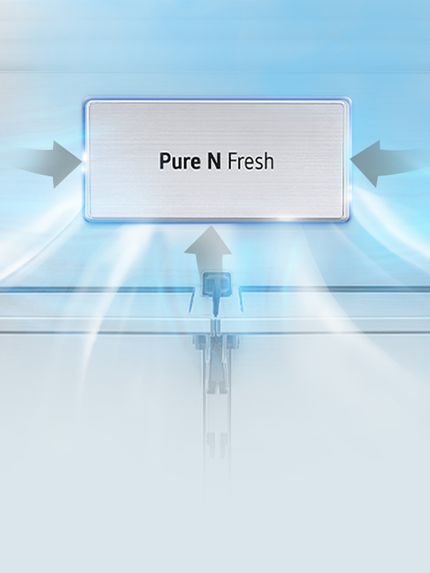 LG refrigerator deodorizing filter graphic with airflow through a Pure N Fresh panel illustrates odor reduction.