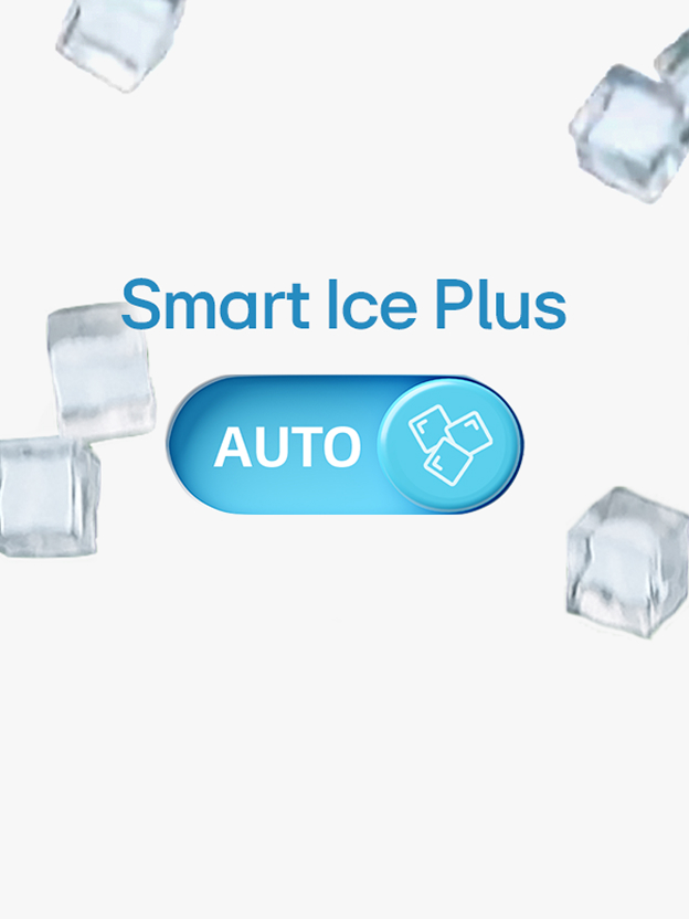 LG refrigerator dispenser filling a glass with ice and chilled water illustrates Smart Ice Plus.