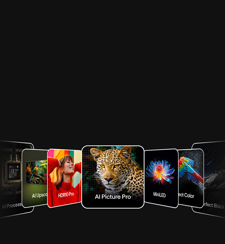 LG TV feature cards showing images symbolising AI processor, picture quality, brightness, and colour performance.