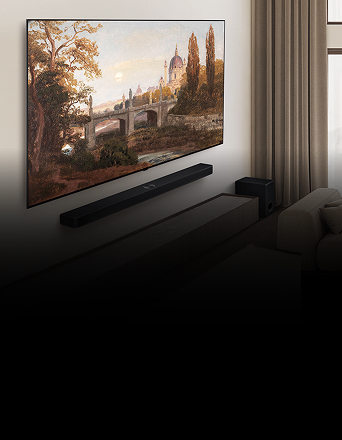 A wide view of a premium living room in muted earth tones. On the wall is an LG OLED AI B5 4K Smart TV displaying an artwork on its screen, with an LG Soundbar mounted underneath.