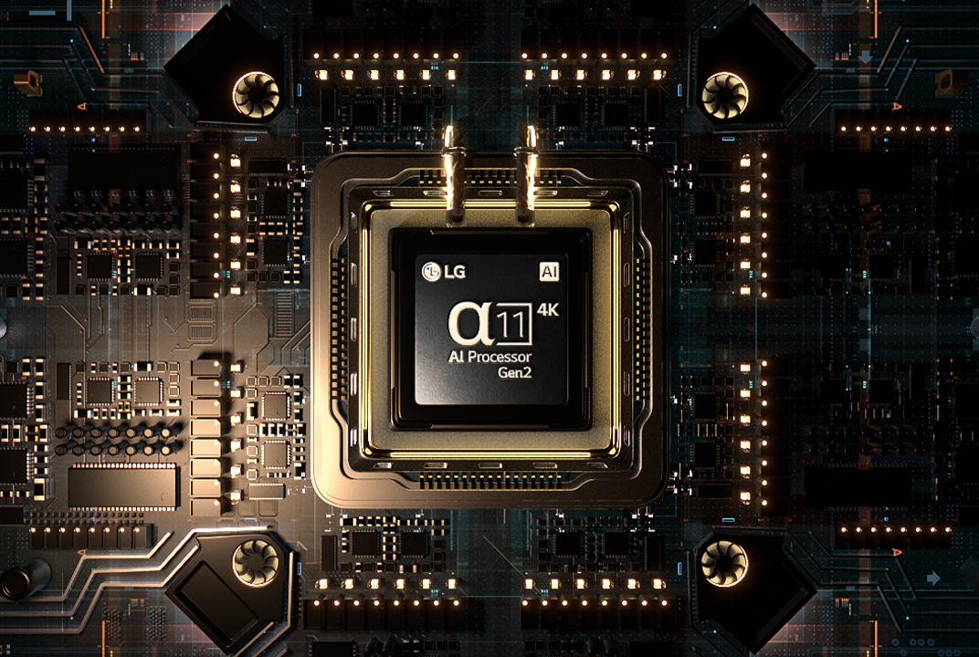 LG TV processor chip glowing on a circuit board illustrates AI Processor-driven picture and performance.
