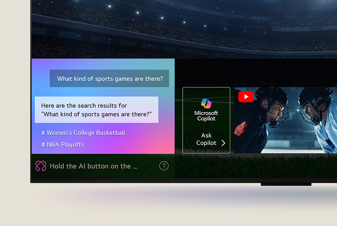 LG TV showing a stadium scene with search results illustrates AI Search recommendations and content discovery.