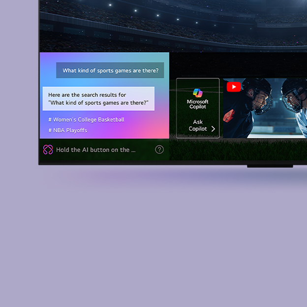 LG TV showing a stadium scene with search results illustrates AI Search recommendations and content discovery.