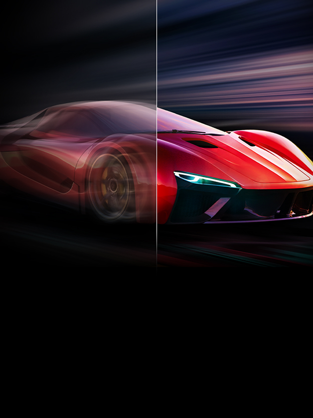 LG TV showing a red sports car in motion illustrates how high refresh rate keeps fast movement clearer.
