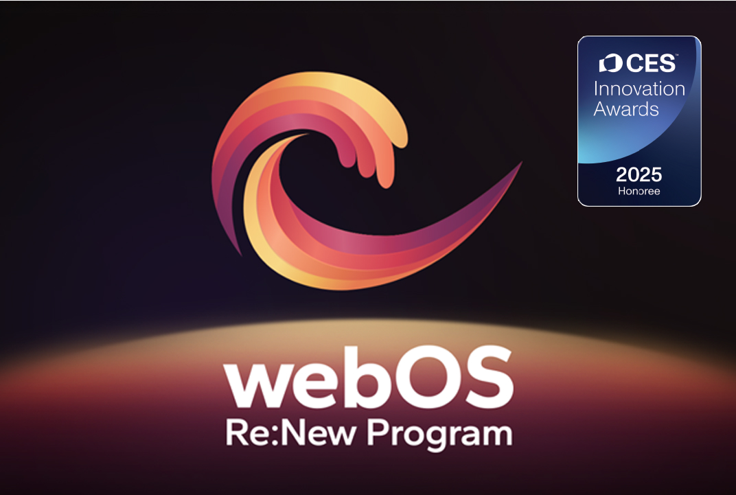 LG TV graphic with the webOS Re:New Program logo and a CES 2025 Honoree badge illustrates ongoing webOS platform updates.