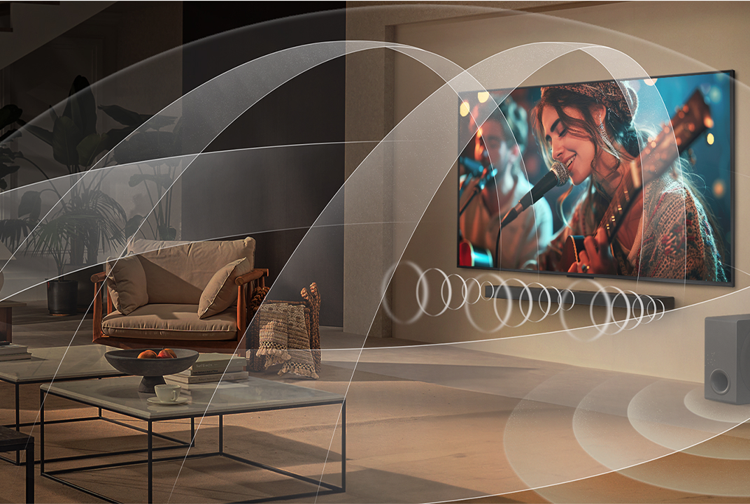 LG TV and soundbar projecting sound around a concert stage illustrate WOW Orchestra combined audio.