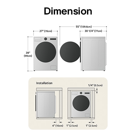 Technical dimension and installation diagram for the LG Compact Front Load Washer: 24 in (60 cm) wide, 33 1/2 in (85 cm) high, 22 1/4 in (56.5 cm) deep, and 43 1/4 in (110 cm) with door open, detailing installation clearances.