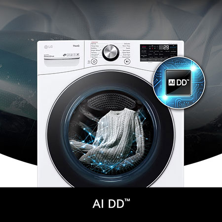 LG Washer WM4100HWA demonstrating AI DD™: Visualization of the AI-powered Direct Drive sensing fabric weight and softness to select the optimal wash pattern.