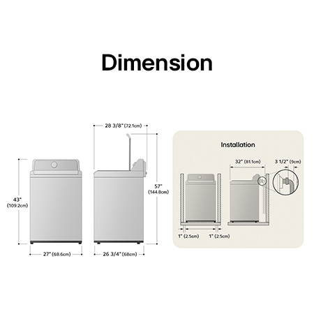 Technical dimension and installation diagram for the LG Top Load Washer: 27 in (68.6 cm) wide, 43 in (109.2 cm) high, 57 in (144.8 cm) lid open height, and 32 in (81.1 cm) required installation depth.