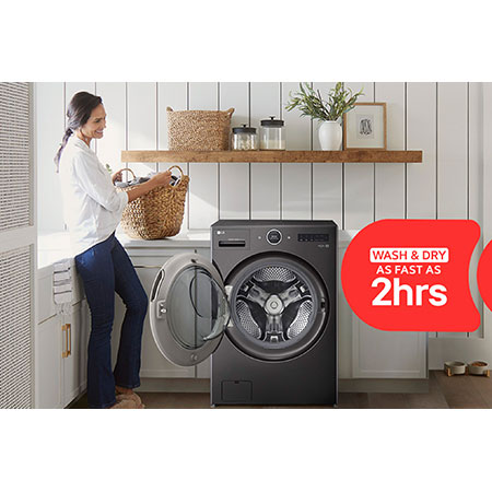 The LG Front Load Washer Dryer Combo WM6998HBA in Black Steel, highlighting its ability to complete a full wash and dry cycle in as fast as 2 hours.