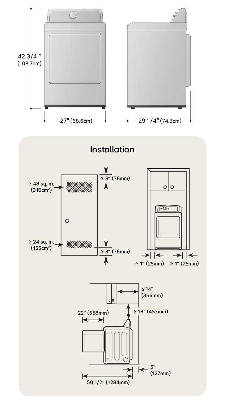 Technical dimension and installation diagram for the LG Dryer: 27 in (68.6 cm) wide, 42 3/4 in (108.7 cm) high, 29 1/4 in (74.3 cm) deep, and 50 1/2 in (1284 mm) with door open, detailing required installation and venting clearances.