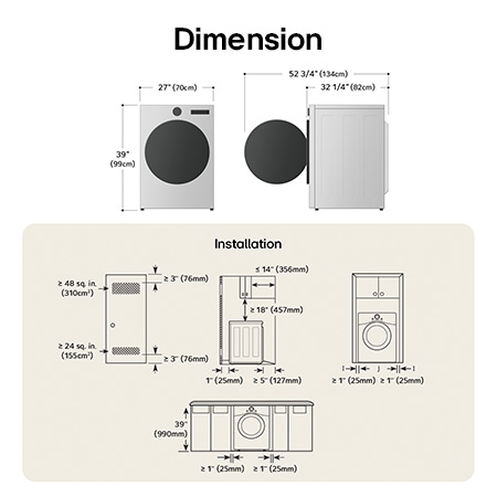 Technical dimension and installation diagram for the LG Front Load Dryer: 27 in (70 cm) wide, 39 in (99 cm) high, 32 1/4 in (82 cm) deep, and 52 3/4 in (134 cm) with door open, detailing required installation and venting clearances.
