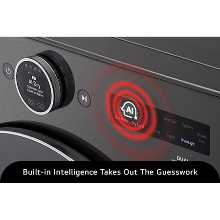 The control panel of the LG Front Load Dryer DLHC6702B in Black Steel, highlighting the AI Dry intelligence that automatically sets the optimal drying cycle based on fabric type.