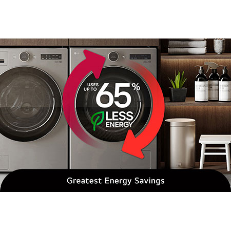 The LG Front Load Dryer DLHC5502V in Graphite Steel, highlighting its advanced technology that uses up to 65% less energy for superior efficiency.