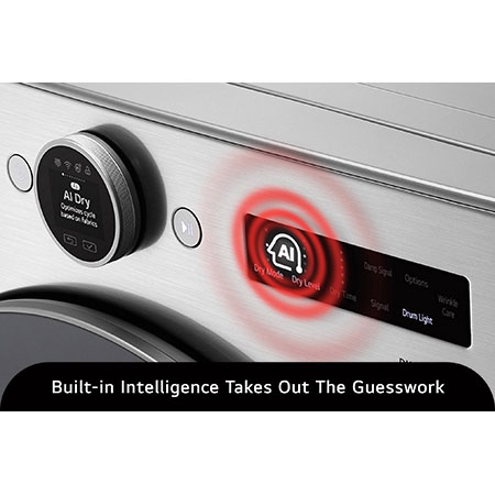 The control panel of the LG Front Load Dryer DLHC5502V in Graphite Steel, highlighting the AI Dry intelligence that automatically sets the optimal drying cycle based on fabric type.