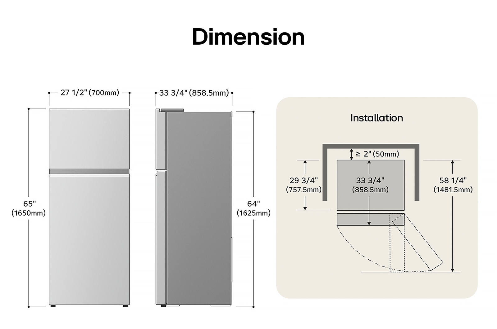 LG LT18S2100W Top Freezer Refrigerator technical drawing: H 65"(1650mm), W 27 1/2"(700mm), D 33 3/4"(858.5mm), incl. clearances.