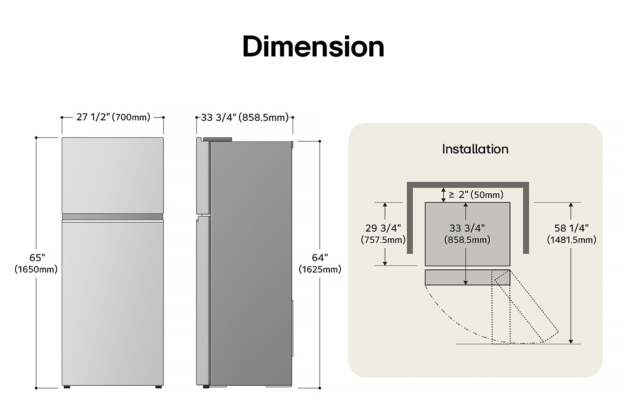 LG LT18S2100W Top Freezer Refrigerator technical drawing: H 65"(1650mm), W 27 1/2"(700mm), D 33 3/4"(858.5mm), incl. clearances.