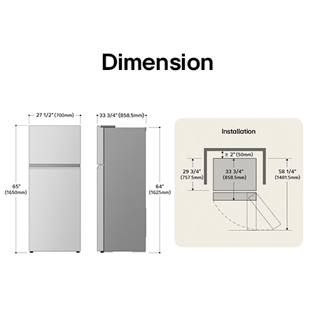 LG LT18S2100W Top Freezer Refrigerator technical drawing: H 65"(1650mm), W 27 1/2"(700mm), D 33 3/4"(858.5mm), incl. clearances.