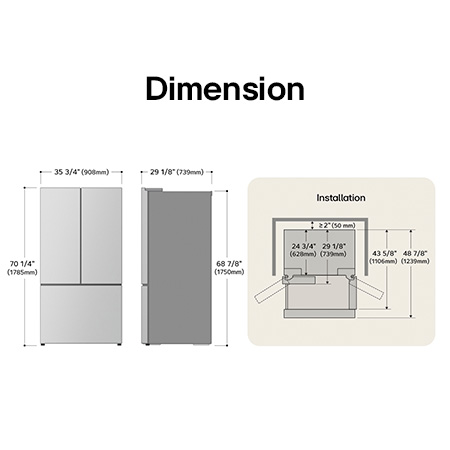 LG LRYKC2606S French Door Refrigerator technical drawing: H 70 1/4"(1785mm), W 35 3/4"(908mm), D 29 1/8"(739mm), incl. clearances.