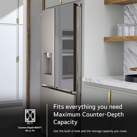 The LG LRYKC2606S refrigerator's Counter-Depth MAX™ design, offering a built-in look with large 26 cu.ft. capacity.