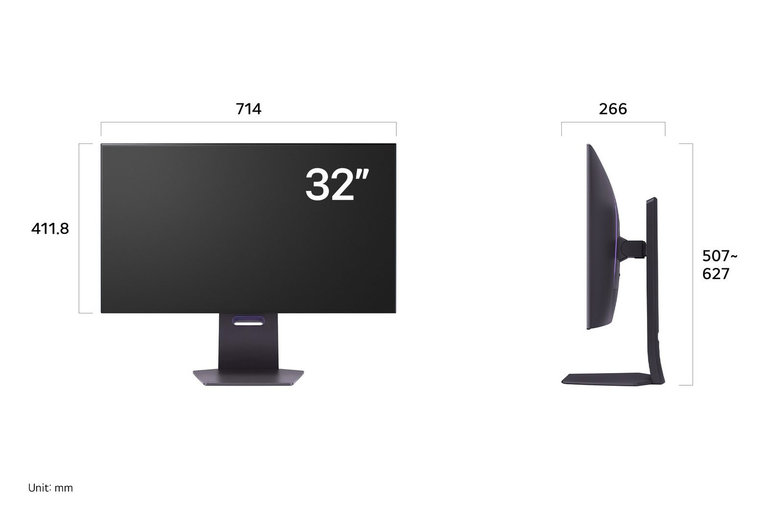 LG UltraGear Monitor 32GS95UE-Bdisplaying product dimensions in front and side profile, measuring 714 mm width, 411.8 mm display height, 507 mm total height, and 266 mm depth.
