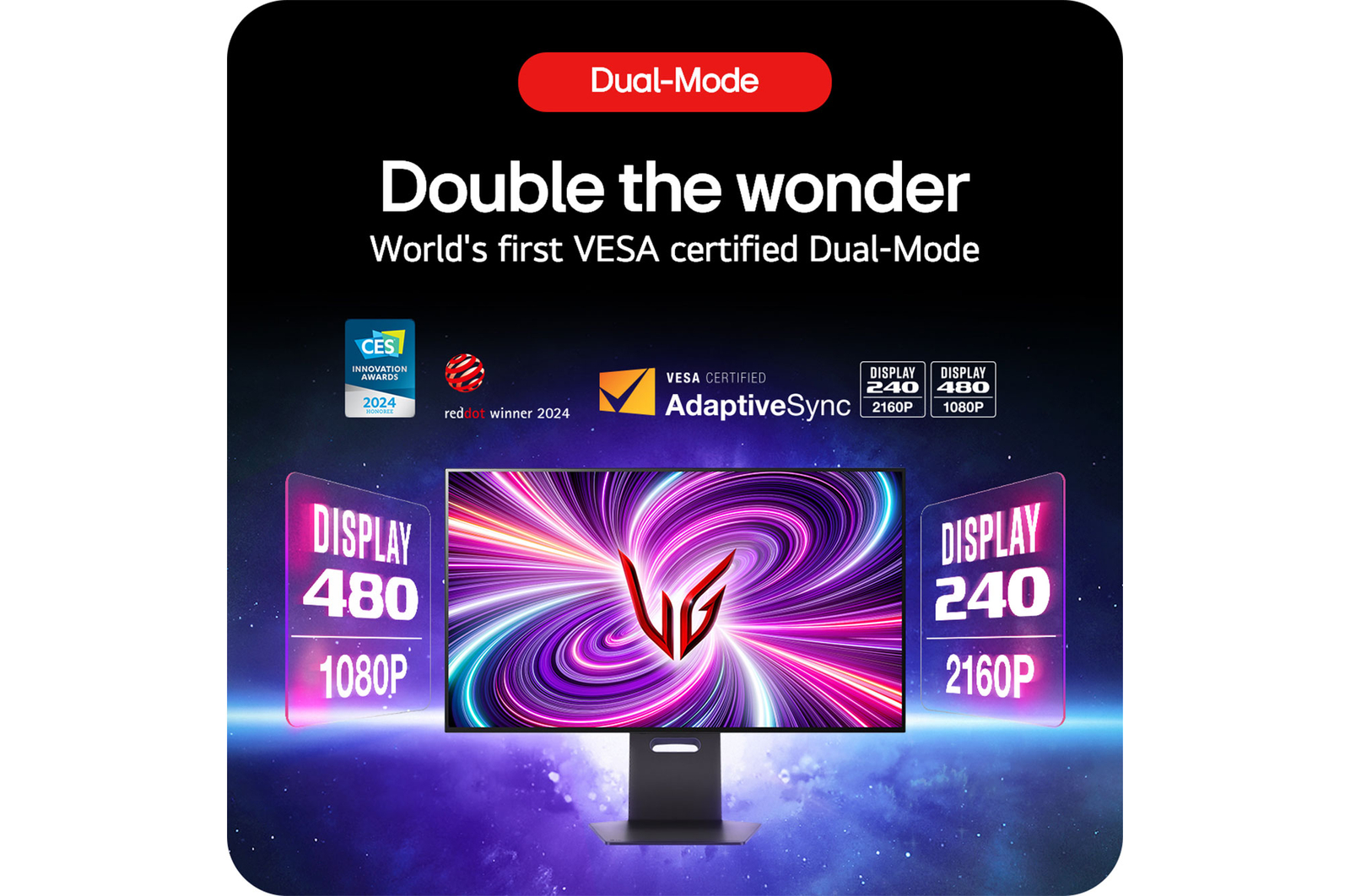 LG UltraGear Gaming Monitor 32GS95UE-B, showcasing the VESA-certified Dual Mode feature with 4K 240Hz and Full HD 480Hz refresh rates.
