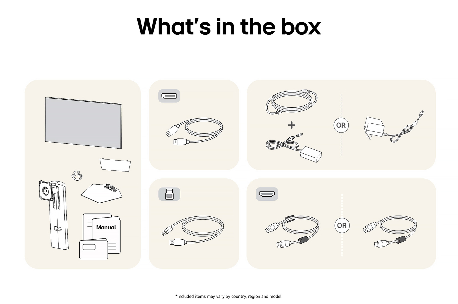 Image of the accessories included with the LG UltraGear Monitor 32GS95UE-B, detailing the manual, AC power adapter, and the included HDMI or DisplayPort cable options.