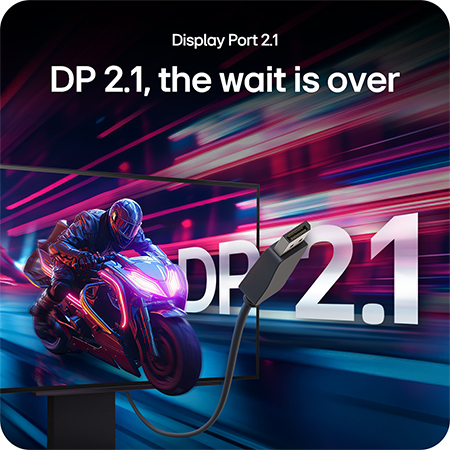 LG Monitor 27GX790A highlighting Display Port 2.1 connectivity, offering ultra-fast data transfer and peak gaming performance.