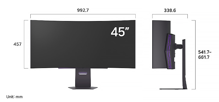 LG Monitor 45GX900A-B in a dark finish displaying product dimensions of the 45-inch Curved Display, measuring 992.7 mm width, 457 mm display height, 541.7~661.7 mm total height, and 338.6 mm depth.