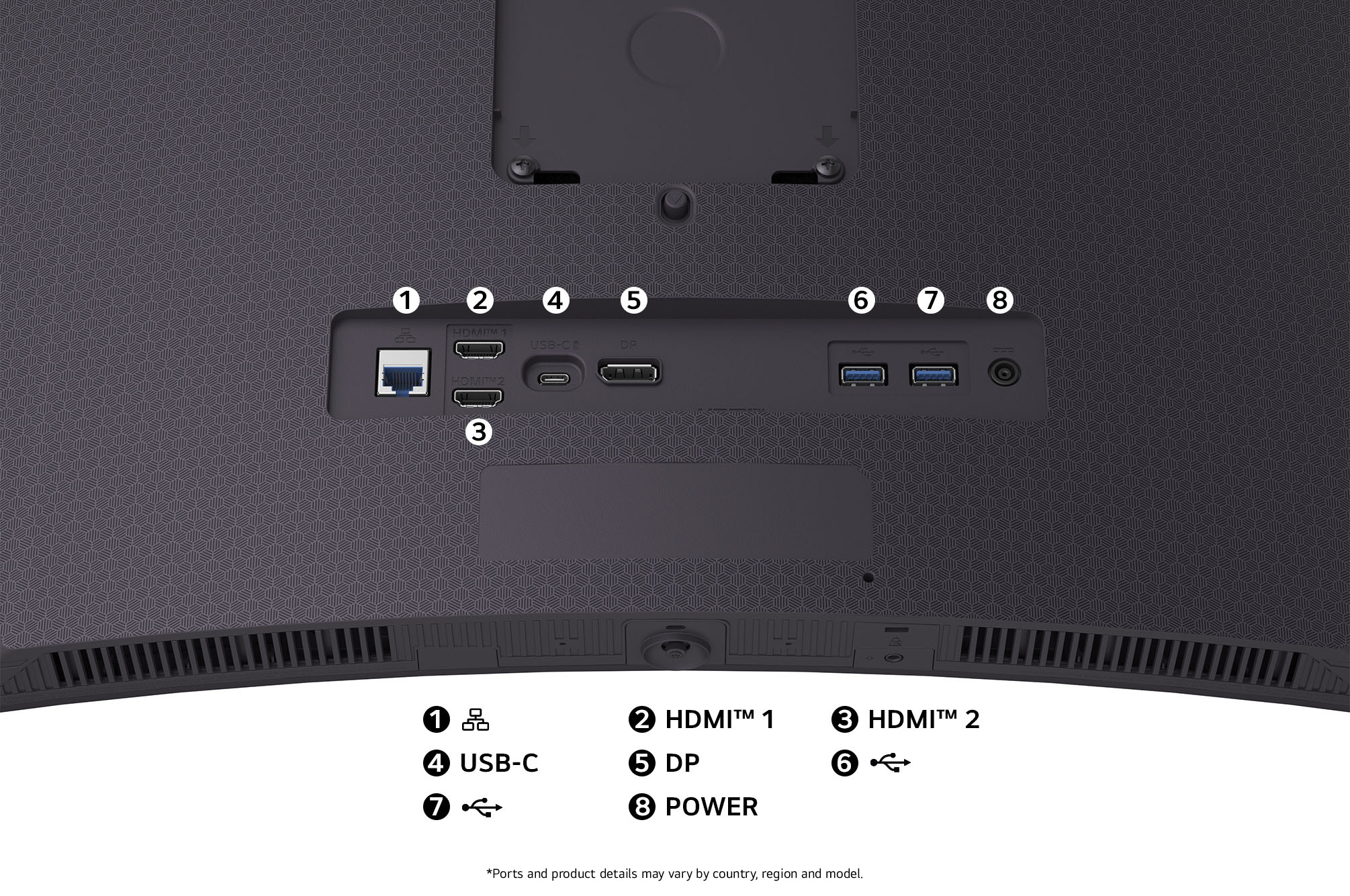 Rear view of the LG Monitor 45GX900A-B in a dark finish, illustrating the port specifications including a LAN port, USB-C, DP, and dual HDMI™ ports.