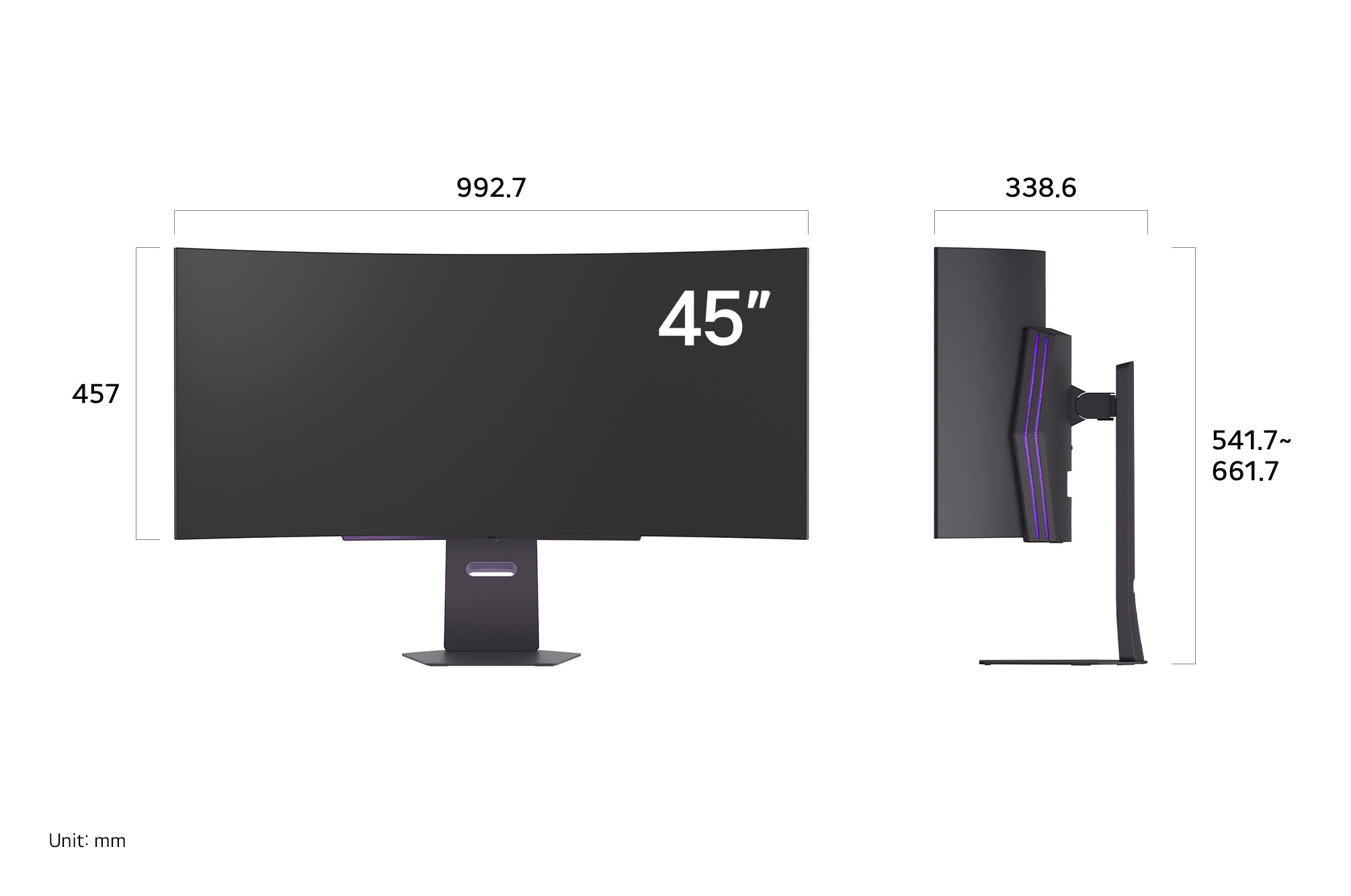 LG Monitor 45GX900A-B in a dark finish displaying product dimensions of the 45-inch Curved Display, measuring 992.7 mm width, 457 mm display height, 541.7~661.7 mm total height, and 338.6 mm depth.