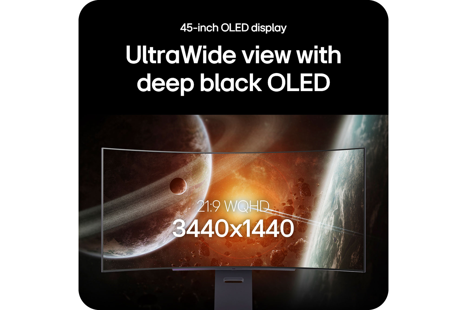 LG Monitor 45GX900A-B showcases the 45-inch UltraWide OLED display, highlighting 21:9 WQHD (3440x1440) resolution and deep black OLED technology for impressive visuals.