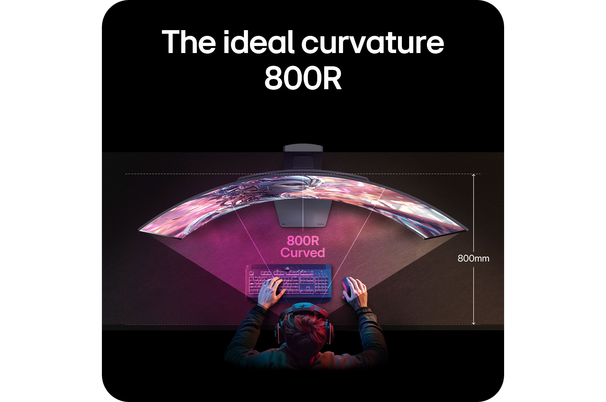 LG Monitor 45GX900A-B showcasing the optimal 800R curvature, which embraces the user's field of view and delivers maximum immersion for gaming.