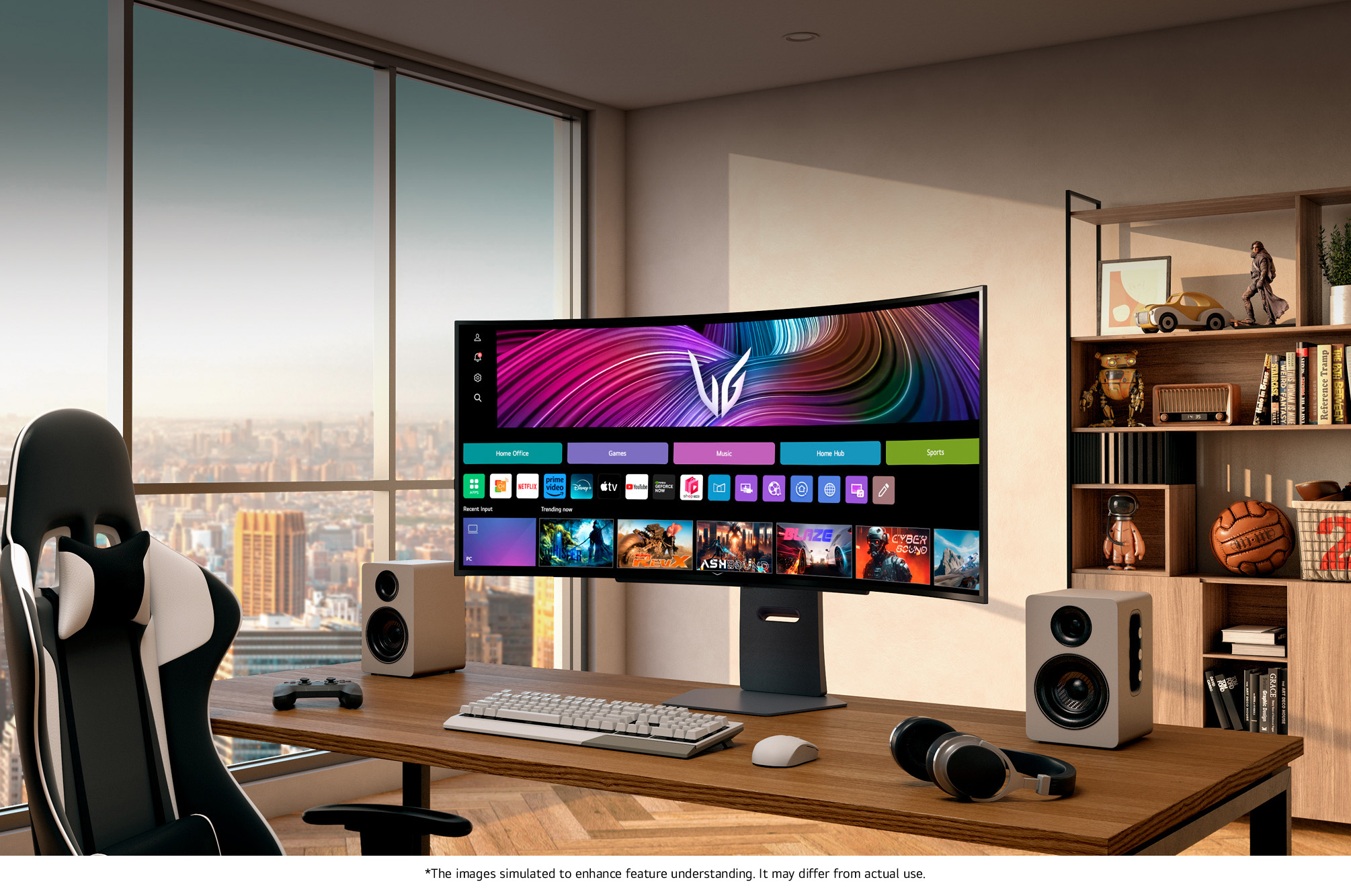 LG Monitor 45GX900A-B as a 45-inch UltraWide OLED Display is positioned in a premium setup with a city view, showing the webOS interface with gaming and streaming apps.