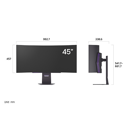 LG Monitor 45GX900A-B in a dark finish displaying product dimensions of the 45-inch Curved Display, measuring 992.7 mm width, 457 mm display height, 541.7~661.7 mm total height, and 338.6 mm depth.