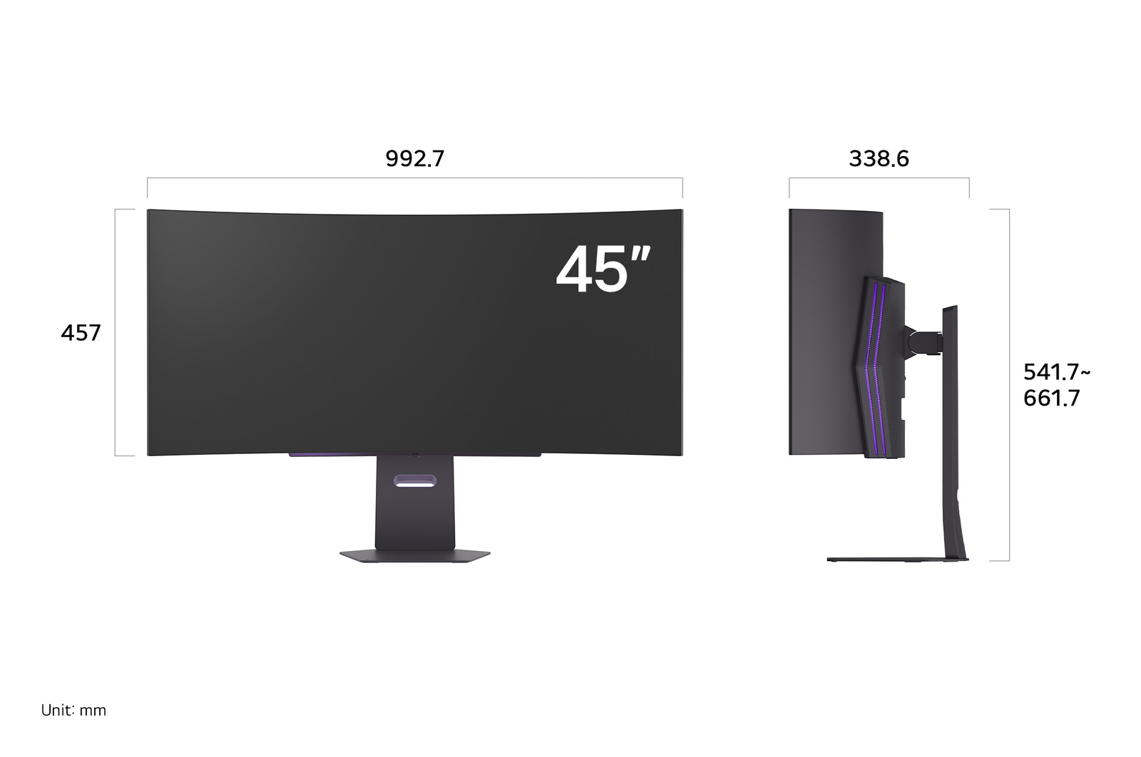 LG Monitor 45GX900A in a dark finish displaying product dimensions of the 45-inch Curved Display, measuring 992.7 mm width, 457 mm display height, 541.7~661.7 mm total height, and 338.6 mm depth.