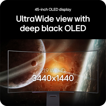 LG Monitor 45GX900A showcases the 45-inch UltraWide OLED display, highlighting 21:9 WQHD (3440x1440) resolution and deep black OLED technology for impressive visuals.
