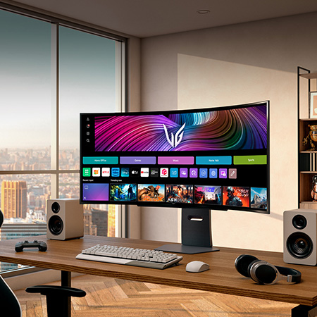 LG Monitor 45GX900A as a 45-inch UltraWide OLED Display is positioned in a premium setup with a city view, showing the webOS interface with gaming and streaming apps.