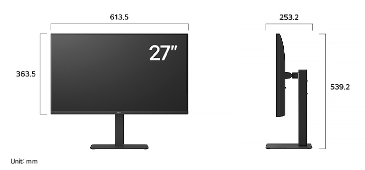 LG Monitor 27U730A in a dark finish displaying product dimensions of the 27-inch Display, measuring 613.5 mm width, 363.5 mm display height, 539.2 mm total height, and 253.2 mm depth.
