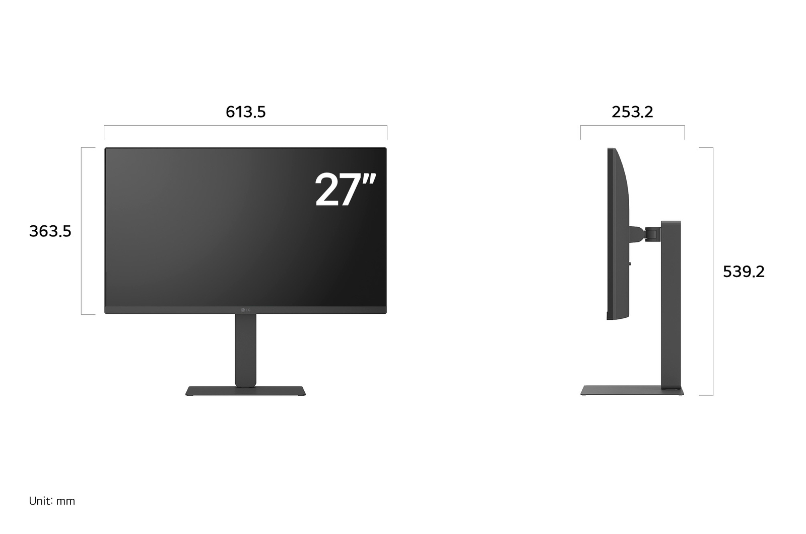 LG Monitor 27U730A in a dark finish displaying product dimensions of the 27-inch Display, measuring 613.5 mm width, 363.5 mm display height, 539.2 mm total height, and 253.2 mm depth.