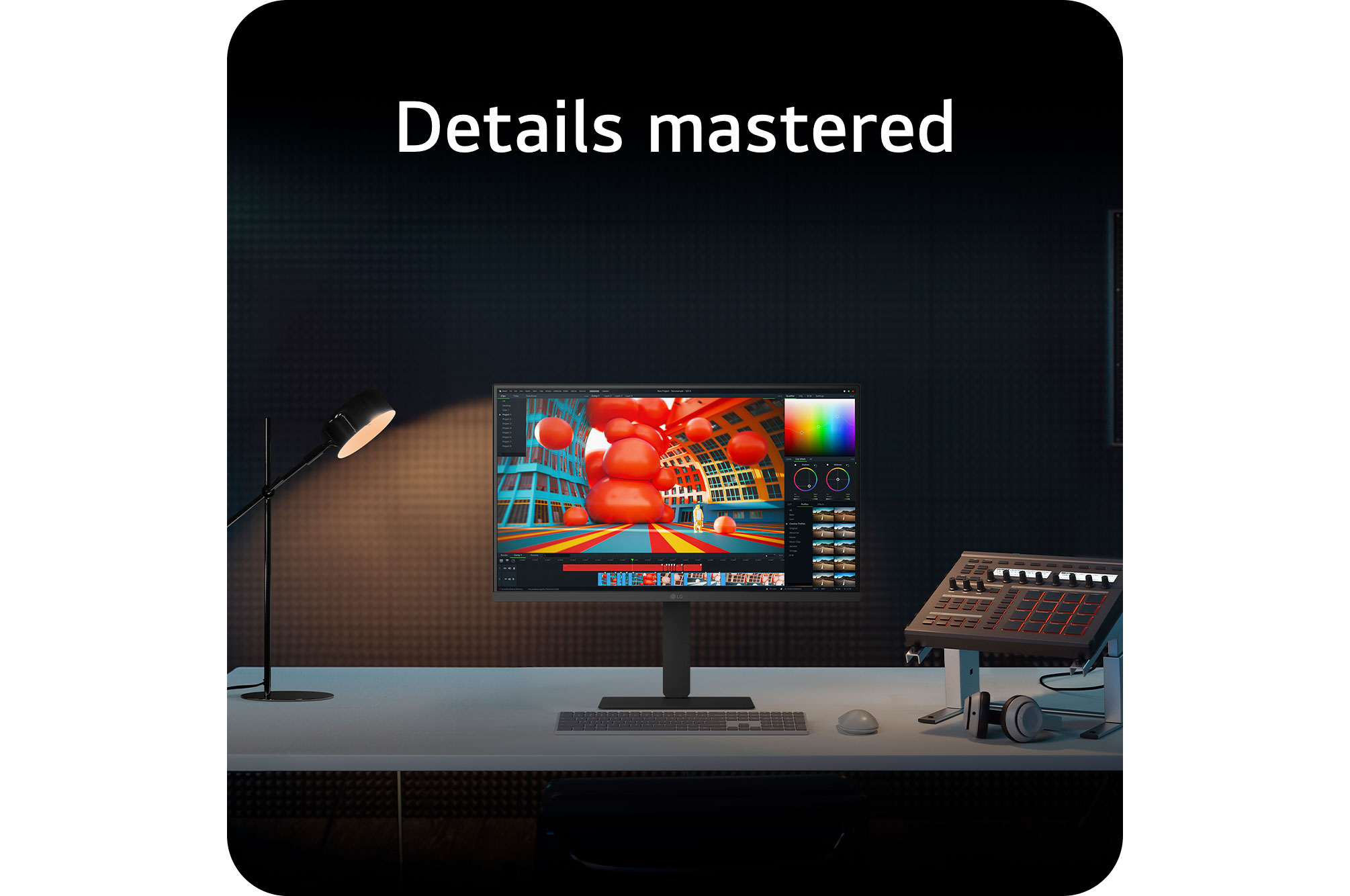 LG Monitor 27U730A in a professional studio setup, displaying color grading software and emphasizing precise color reproduction for detailed video and image editing.