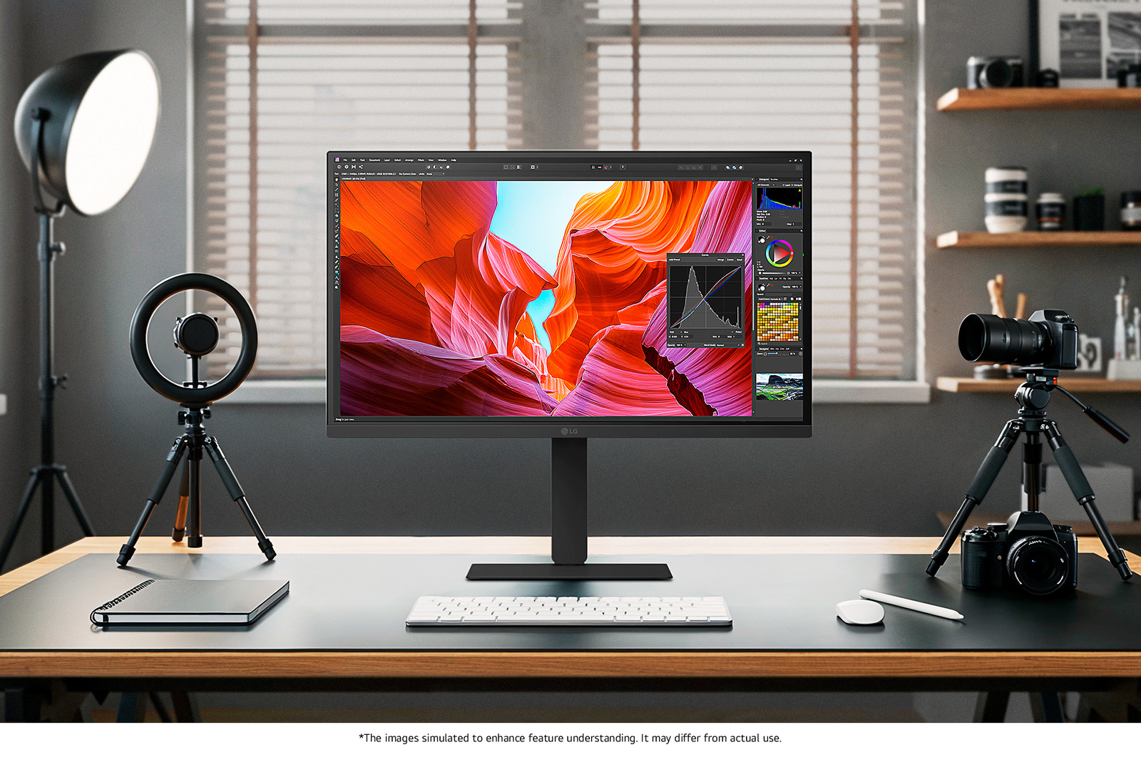 LG Monitor 27U730A in a dark finish positioned at the center of a professional studio setup with lighting, displaying color grading software for precise photo and video editing.