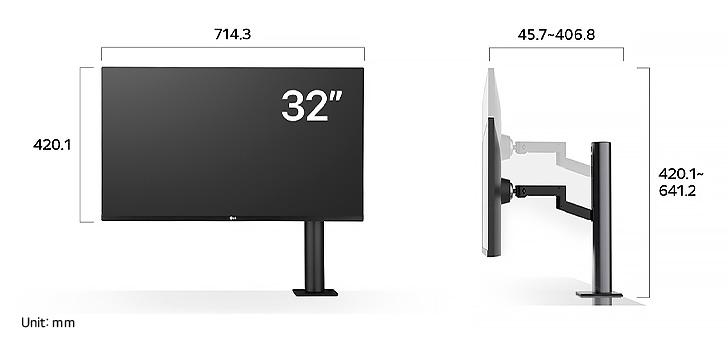 LG Monitor 32UN880K in a dark finish displaying product dimensions including the Ergo stand, measuring 714.3 mm width, 420.1 mm display height, 420.1~641.2 mm height range, and 45.7~406.8 mm depth range.