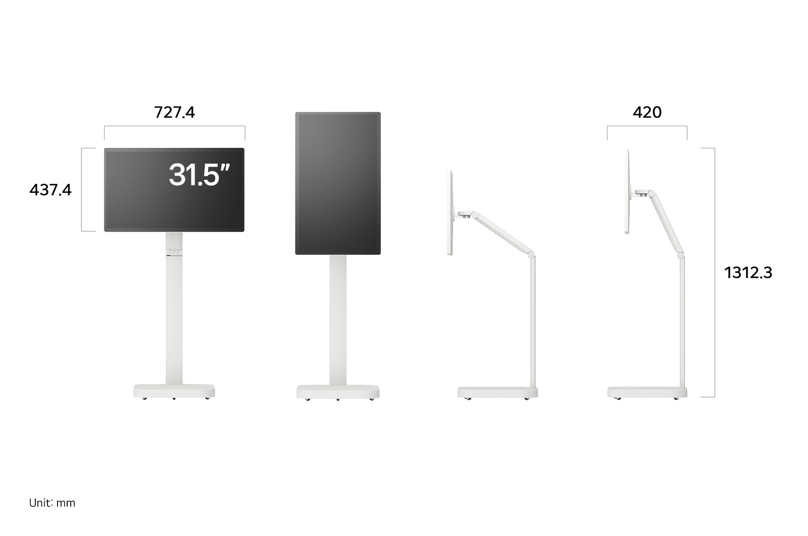 LG Monitor 32U889SA-W in a white finish displaying product dimensions in various profiles, measuring 727.4 mm width, 437.4 mm display height, 1312.3 mm total height, and 420 mm depth.