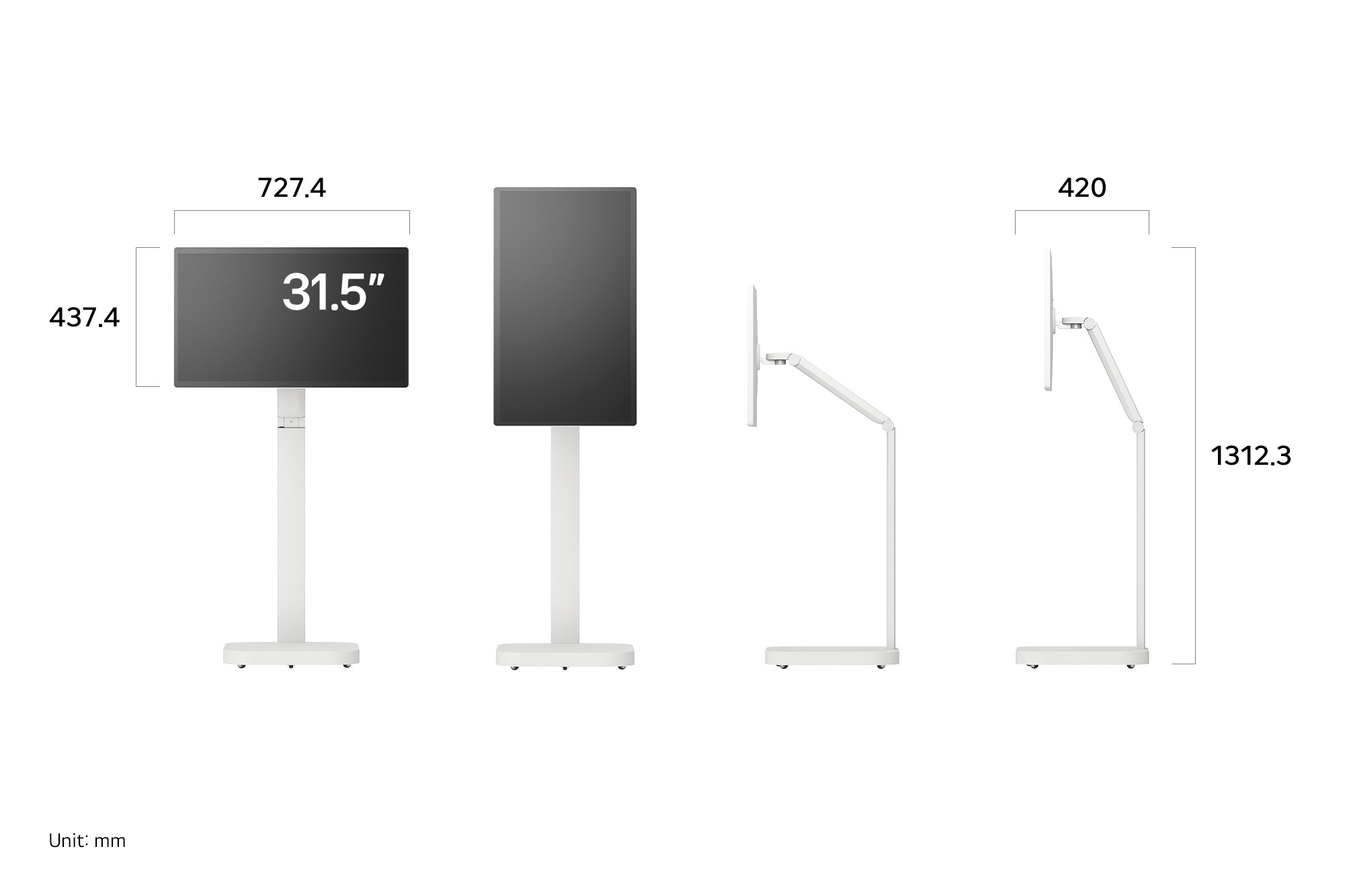 LG Monitor 32U889SA-W in a white finish displaying product dimensions in various profiles, measuring 727.4 mm width, 437.4 mm display height, 1312.3 mm total height, and 420 mm depth.