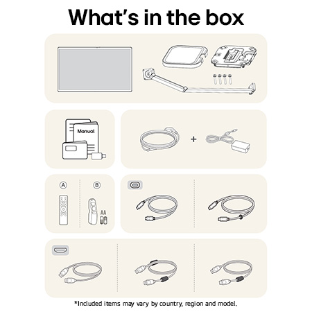 LG Monitor 32U889SA-W showing an overview of all included components, including the monitor body, ergonomic stand parts, manual, remote control, and HDMI, DP, and USB-C cables.