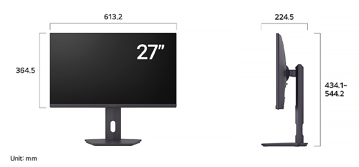 LG UltraGear™ Monitor 27G610A displaying product dimensions in front and side profile, measuring 613.2 mm width, 364.5 mm display height, 434.1–544.2 mm total height, and 224.5 mm depth.