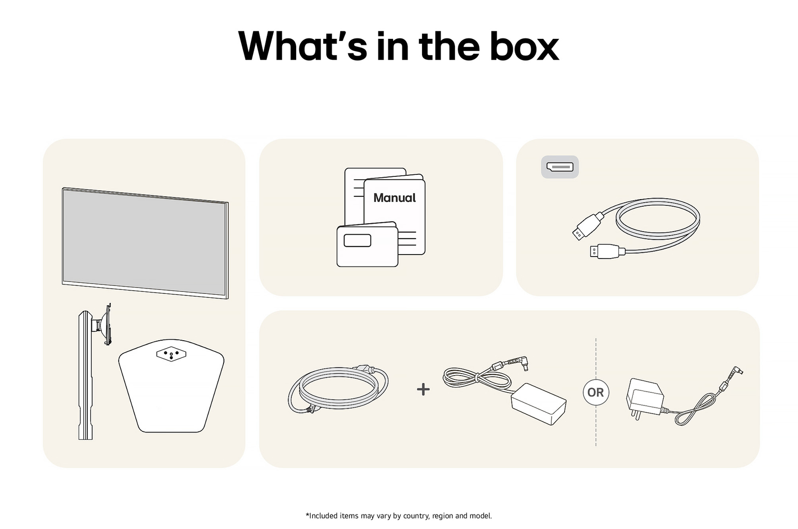 Items included with the LG UltraGear™ Monitor 27G610A package: Monitor panel, stand base and support, manual, DisplayPort cable, and power adapter with cord.