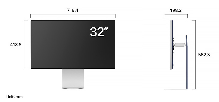 LG UltraFine™ Monitor 32U990A displaying product dimensions in front and side profile, measuring 718.4 mm width, 413.5 mm display height, 582.3 mm total height, and 198.2 mm depth.