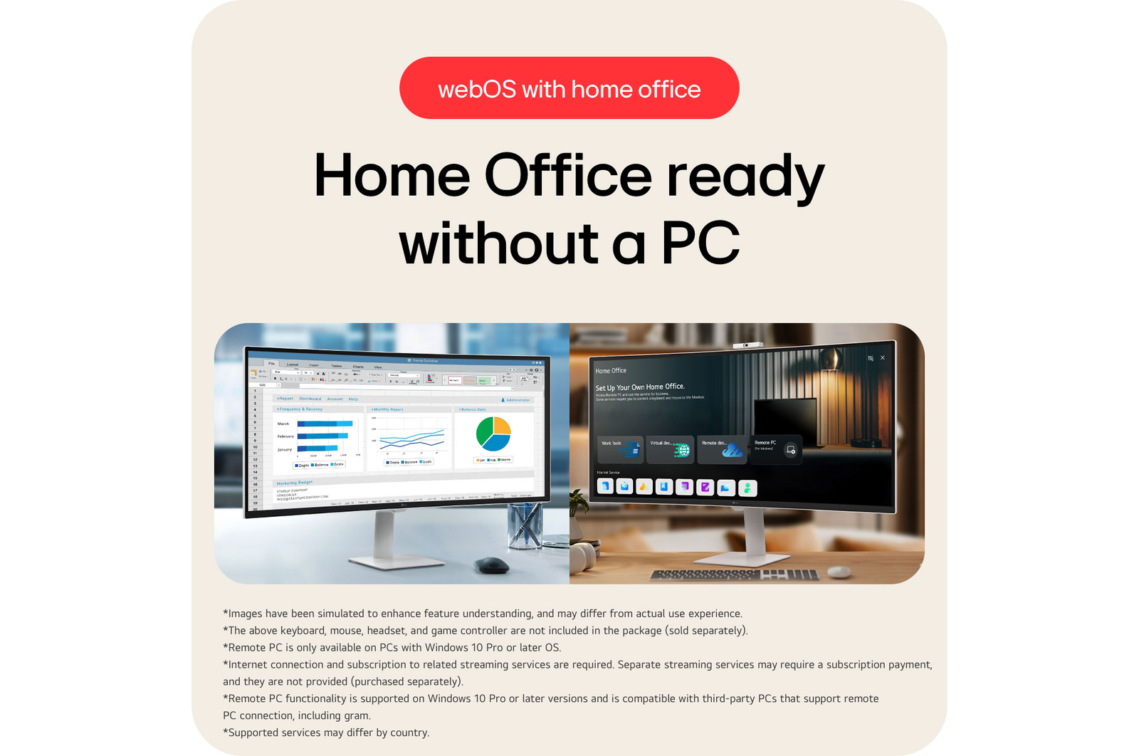 The LG Smart Monitor 34U601SA enables a home office setup without a PC, utilizing webOS support for remote PC access and various productivity apps.